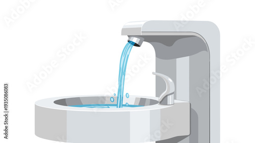 Public drinking water fountain with a continuous stream of clear water falling into a circular basin for hydration in parks.