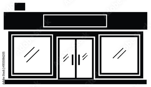 Vector art of simple black and white illustration of a small storefront with an awning and windows.