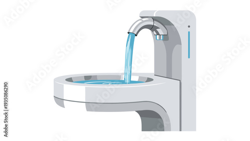 Sleek gray drinking water fountain with a modern design and a steady stream of water flowing from a chrome faucet.