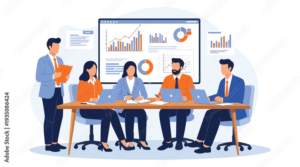 Naklejka premium Business team meeting with graphs and charts on screen