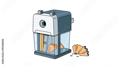 Blue manual pencil sharpener with a transparent container filled with wooden shavings and a pencil inserted into the top.