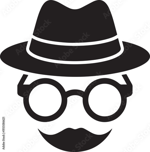 Minimalist cartoon face with glasses and fedora hat illustration