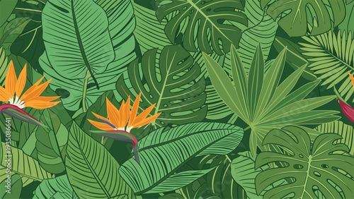 Lush tropical pattern featuring various green leaves like monstera and palm with vibrant orange bird of paradise flowers.