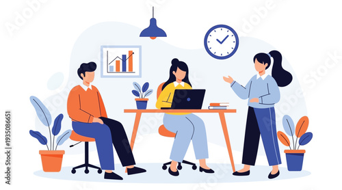 Three colleagues collaborating in an office setting with laptop and clock