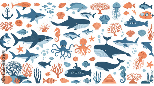 Large collection of sea creatures and marine life icons including whales, sharks, jellyfish, corals, and seashells in soft tones.