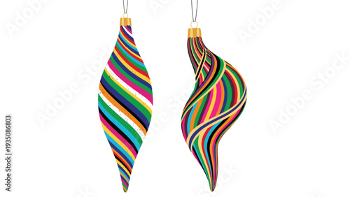 Two colorful and intricately patterned glass Christmas bauble ornaments hanging against a white background for holiday decor.