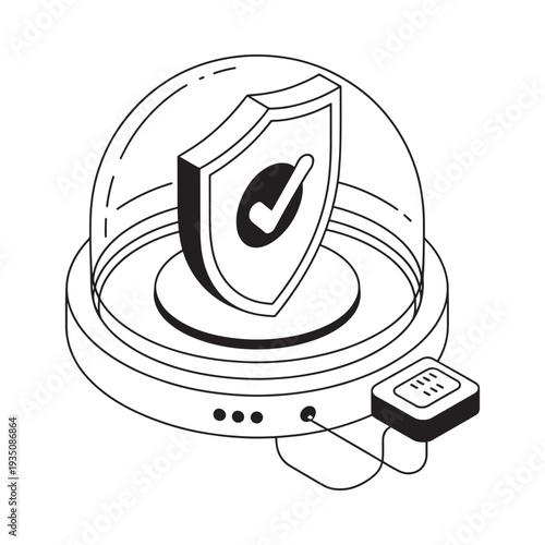 A black and white illustration of a helmet with a shield and checkmark