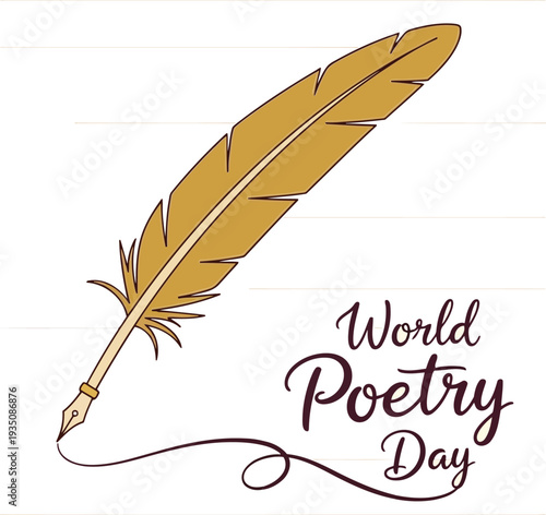 World Poetry Day Concept with Golden Quill Pen and Ink Stroke on White Background