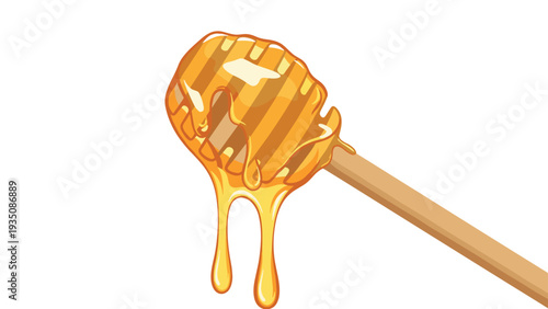 Wooden honey dipper with thick golden honey dripping down from the grooves against a clean white background scene.