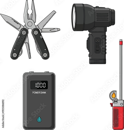 Tactical survival gear set with multitool power bank and flashlight