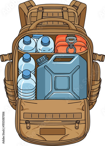 Emergency survival backpack with water bottles and fuel canister storage