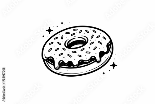A black and white illustration of a donut with sprinkles and glaze, surrounded by stars and sparkles