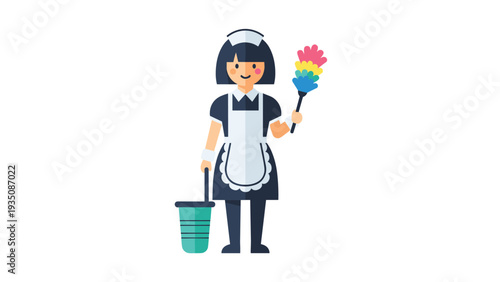 Friendly maid character dressed in a classic black and white uniform holding a colorful duster and a cleaning bucket.