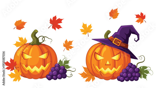 Festive autumn arrangement featuring two carved jack o lantern pumpkins with grapes, maple leaves, and a witch hat.