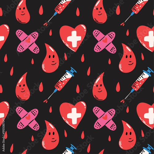 Blood donation vector seamless pattern with cute funky cartoon illustrations of medical healthcare elements, blood drop, syringe icons for world blood donor day