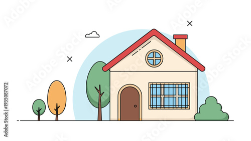 Simple and charming house illustration with a red roof, brown door, and small trees in a minimalist landscape.