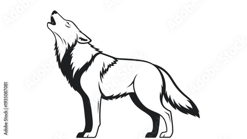 Howling wolf silhouette in profile depicted with black line art on a plain white background for a wild animal design.