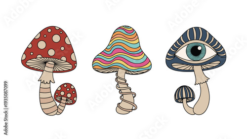 Set of three psychedelic mushrooms with colorful patterns, wavy lines, and a central eye in a retro groovy art style.