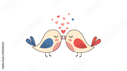 Cute illustration of two little birds facing each other with tiny pink hearts floating above them representing romantic love.