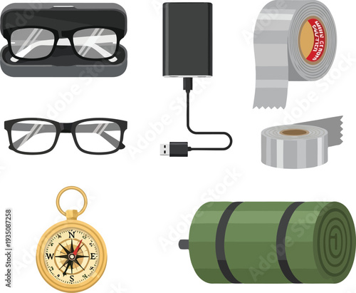 Camping essentials vector set with glasses, power bank, duct tape, compass, and sleeping mat illustrations