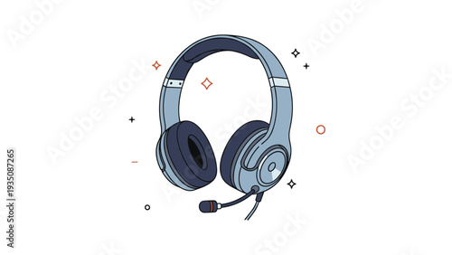 Stylish pair of blue over-ear headphones with an attached microphone and decorative orange sparkles around them on white.