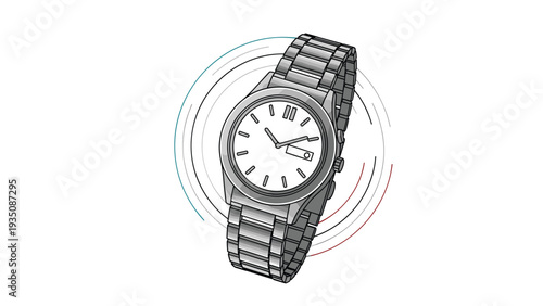 Detailed illustration of a classic silver wristwatch with a metal strap surrounded by circular graphic design lines on white.