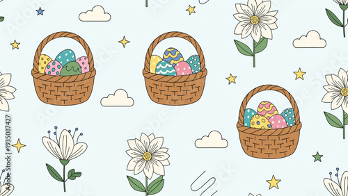 Charming Easter pattern depicting woven baskets filled with decorated eggs, blossoming flowers, and soft blue clouds on white.