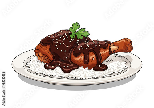 Chicken leg with brown sauce.