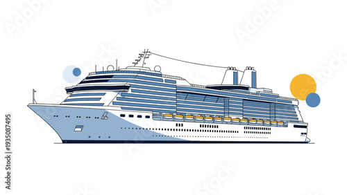 Large luxury cruise ship with multiple decks and windows sailing against a minimalist background with soft colorful circles.