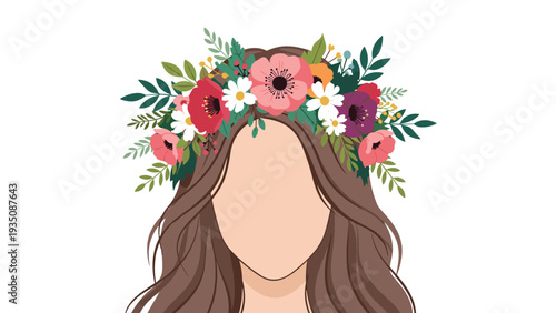 Illustration of the top of a woman's head wearing a beautiful crown of various colorful blooming spring flowers on brown hair.