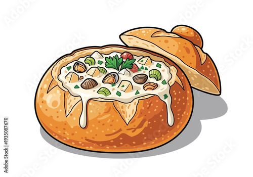 Delicious bread bowl filled with soup.