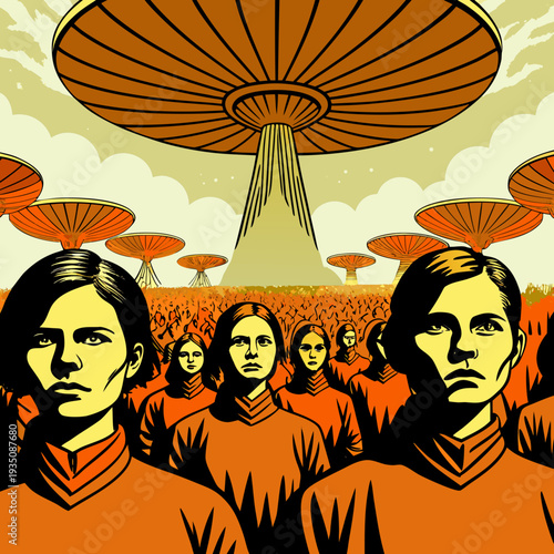 Surreal Crowd Dissolving with Giant Speakers and Satellite Dishes Illustration