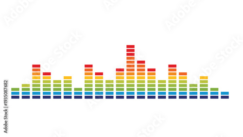 Horizontal digital audio equalizer display showing colorful bars of varying heights representing sound frequencies on white.