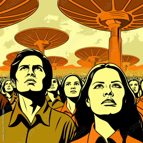 Surreal Crowd Dissolving with Giant Speakers and Satellite Dishes Illustration