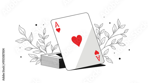 Illustration featuring an ace of hearts playing card leaning against a deck of cards surrounded by delicate black foliage.