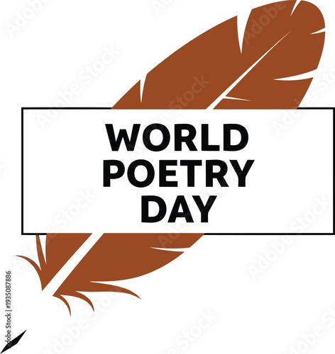 World Poetry Day banner with brown feather quill and modern typography for literary celebration