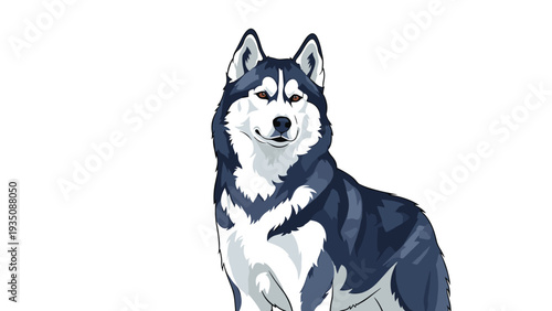 Majestic siberian husky dog with thick fur and striking blue eyes looks calm and alert in this detailed pet portrait.