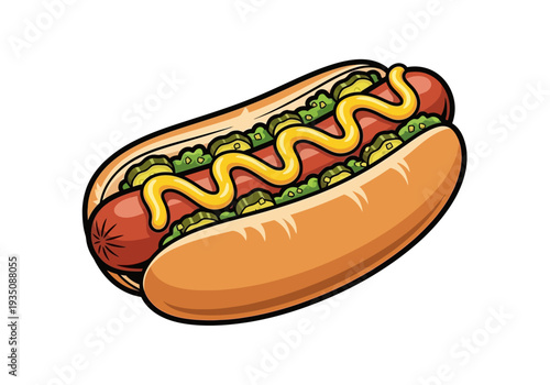 Hot dog with mustard and relish.