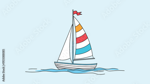 Small wooden sailboat with colorful striped sails glides across gentle blue ocean waves under a clear and sunny sky.