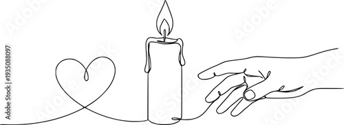 a minimalist continuous line drawing of a candle with a flame, a heart on the left and a hand on the right, on a white background
