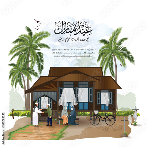 Eid Mubarak Muslim family celebrating Hari Raya in traditional wooden village house scene surrounded by coconut trees and tropical scenery. 