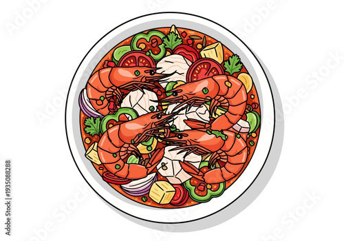 Shrimp seafood dish with vegetables.