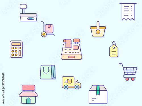 Set of Sales and shopping icons line style. It contains such Icons as shopping bag, Delivery, cart, box, bag, retail, gift, tag, Basket, Receipt and other elements