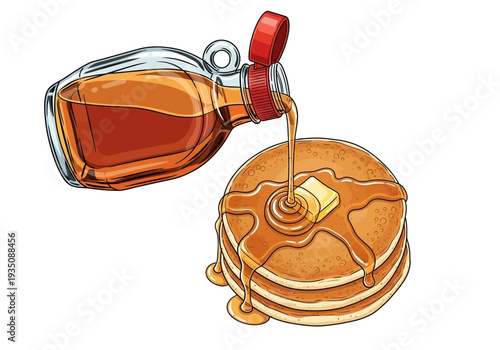 Syrup pouring on stacked pancakes breakfast.