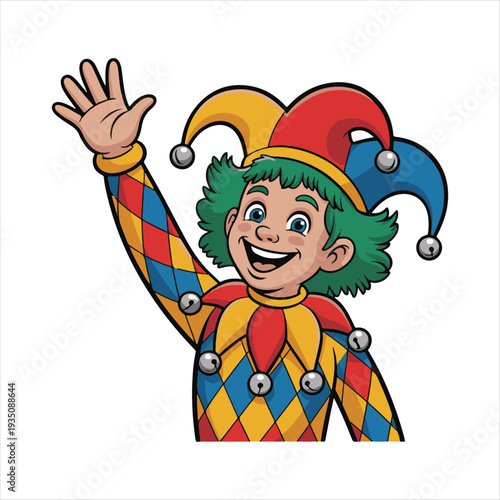 Happy Cartoon Jester Waving - Colorful Clown Character,
Playful Harlequin Vector Illustration for Festivities,
Cheerful Jester Mascot Waving Hand - Kids Entertainment,