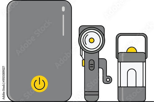 Minimalist Vector Illustration of Portable Power Bank, Flashlight, and Lantern for Outdoor Use