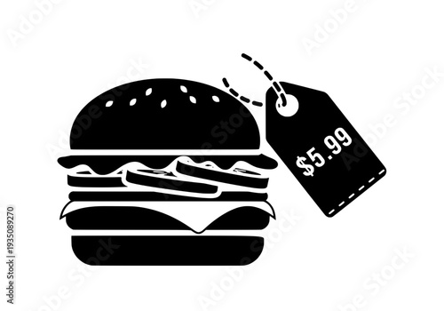 A black and white illustration of a hamburger with a price tag hanging from it viewed from the front