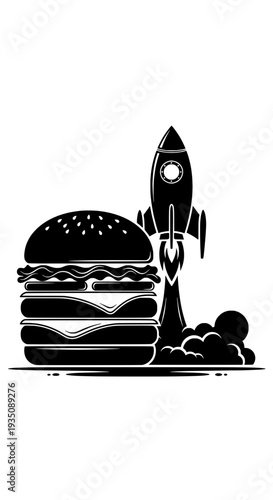 A black and white illustration of a burger with a rocket launching beside it on ground