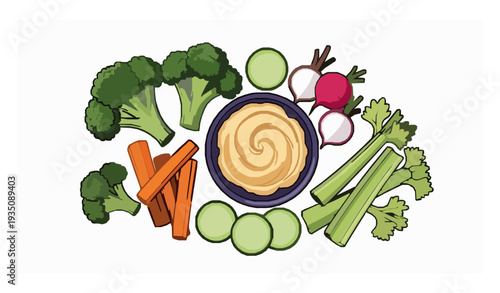 Healthy Vegetable Platter with Hummus – Broccoli, Carrots, Radishes, Cucumbers and Celery Vector