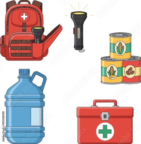 Emergency preparedness kit with backpack, flashlight, canned food, water jug, and first aid box illustration